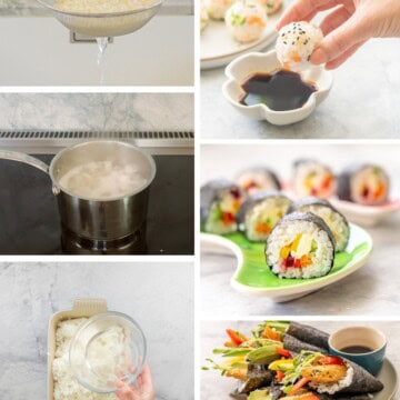 Collage, 3 images showing sushi rice recipe process steps, and 3 images of colourful sushi ready to enjoy.