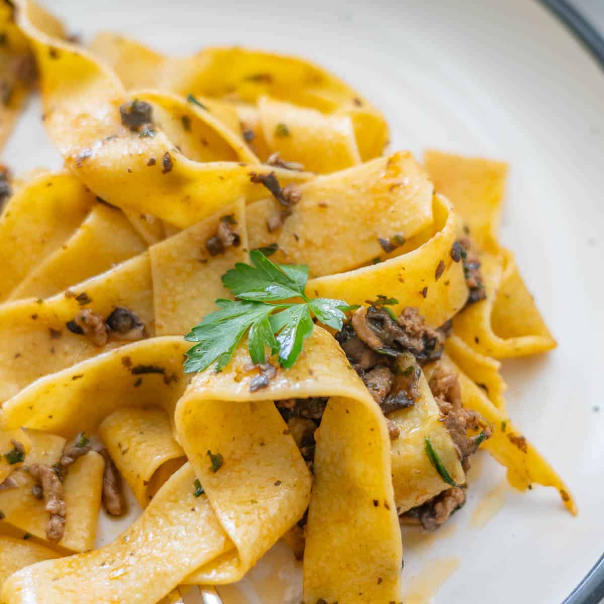 Close up of Beef bacon mushroom pasta on a dinner plate garnished with parsley.