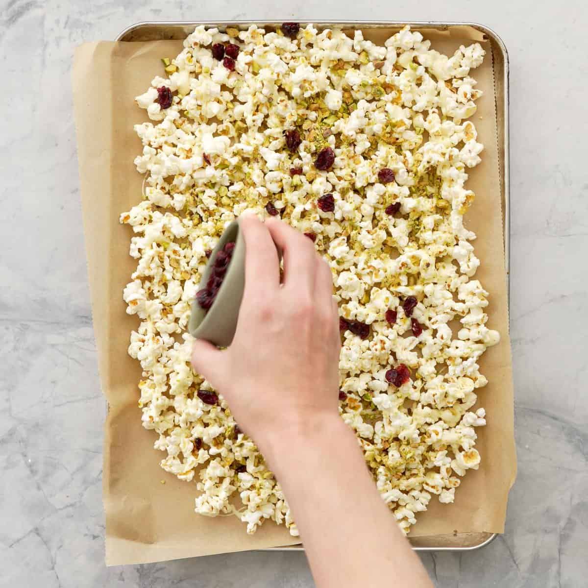 Hand sprinkling a small ceramic bowl of dried cranberries on top of tray of popcorn with melted white chocolate, and pistachios.