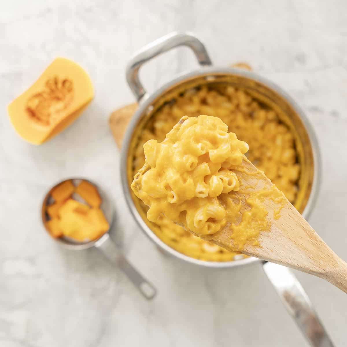 A scoop of butternut macaroni and cheese on wooden spoon held up above sauce pan of butternut macaroni and cheese, half a butternut and measuring cup with chopped butternut inside.