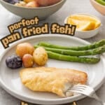 Piece of pan fried fish and potatoes with asparagus on dinner plate, bowl of seasoned potatoes and bowl of asparagus and broccolini with small bowl of lemon slices on bench top, with text overlay: pan fried fish, 10 minute meal