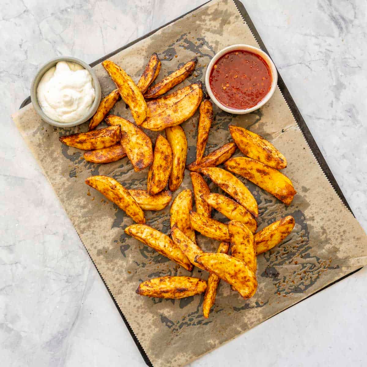 Crispy cooked potato wedges on baking tray lined with baking paper, ramekins with aioli and sweet chilli sauce on tray.