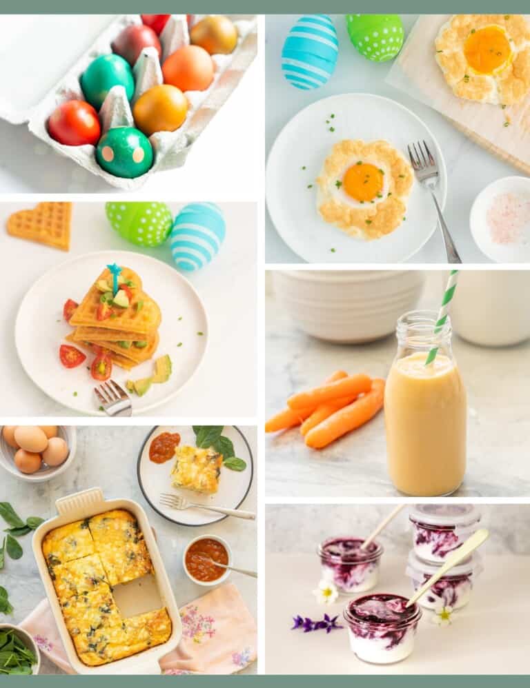 A six photo collage of cute easter breakfast ideas for kids.