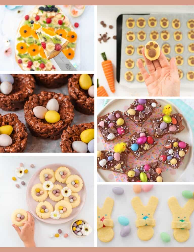 A six photo collage of easy Easter cookie recipes for kids.