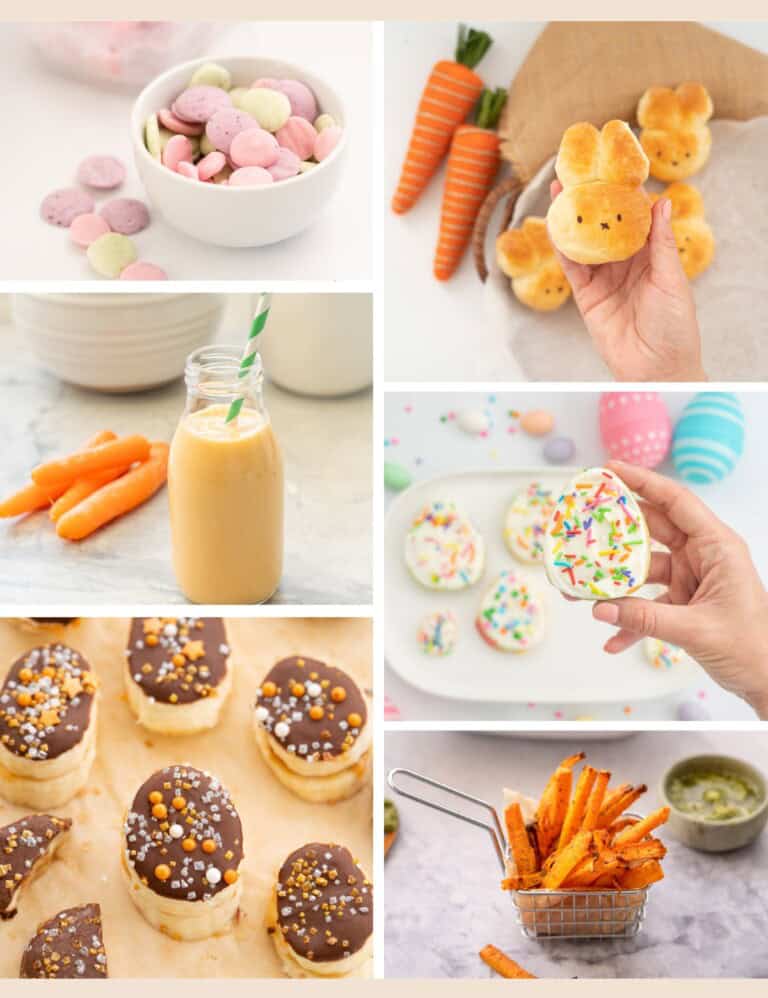 Six photo collages of healthy easter snacks that kids enjoy.