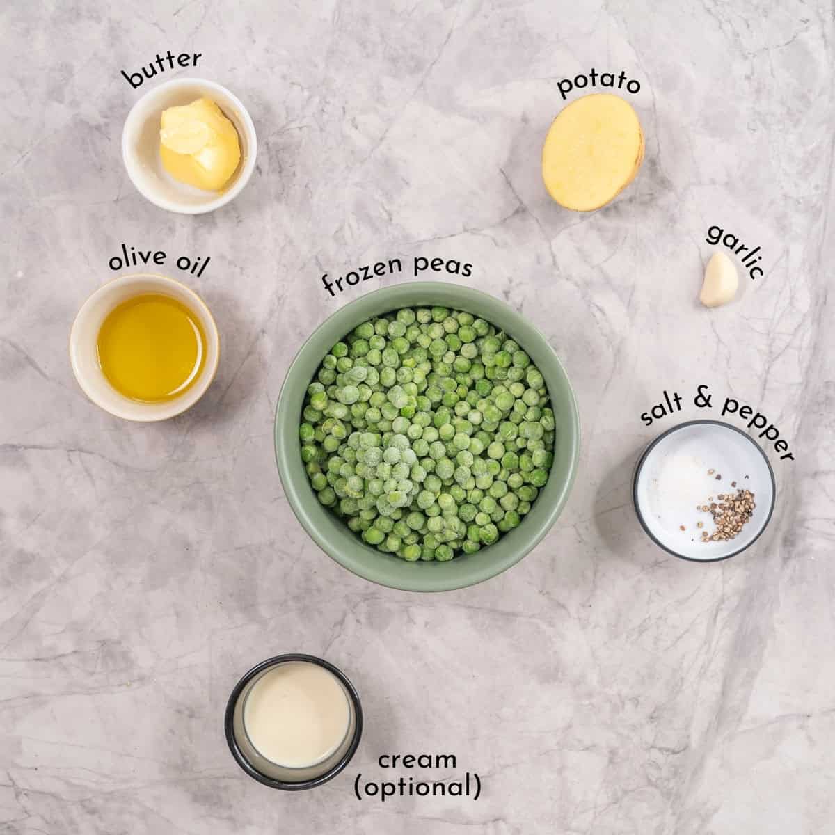 Ingredients for mashed peas on benchtop with text overlay.