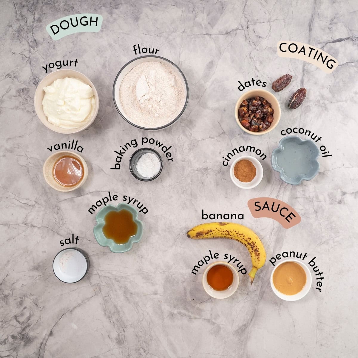 Ingredients for monkey bread on bench top with text overlay.