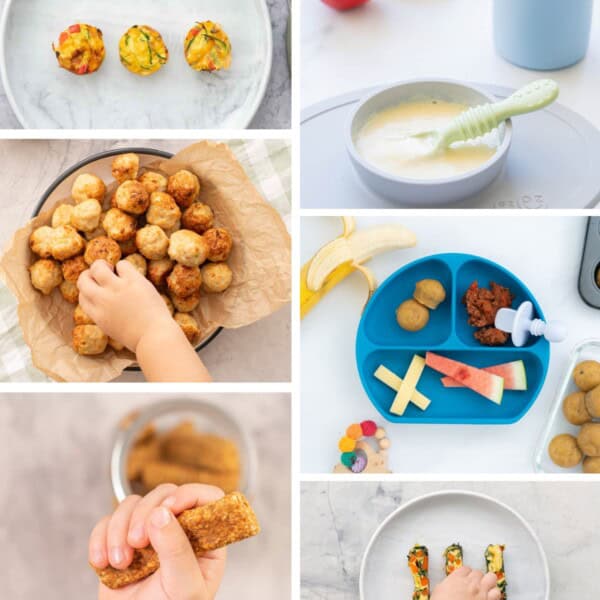 A six photo collage of baby snacks being grasped by baby hands.