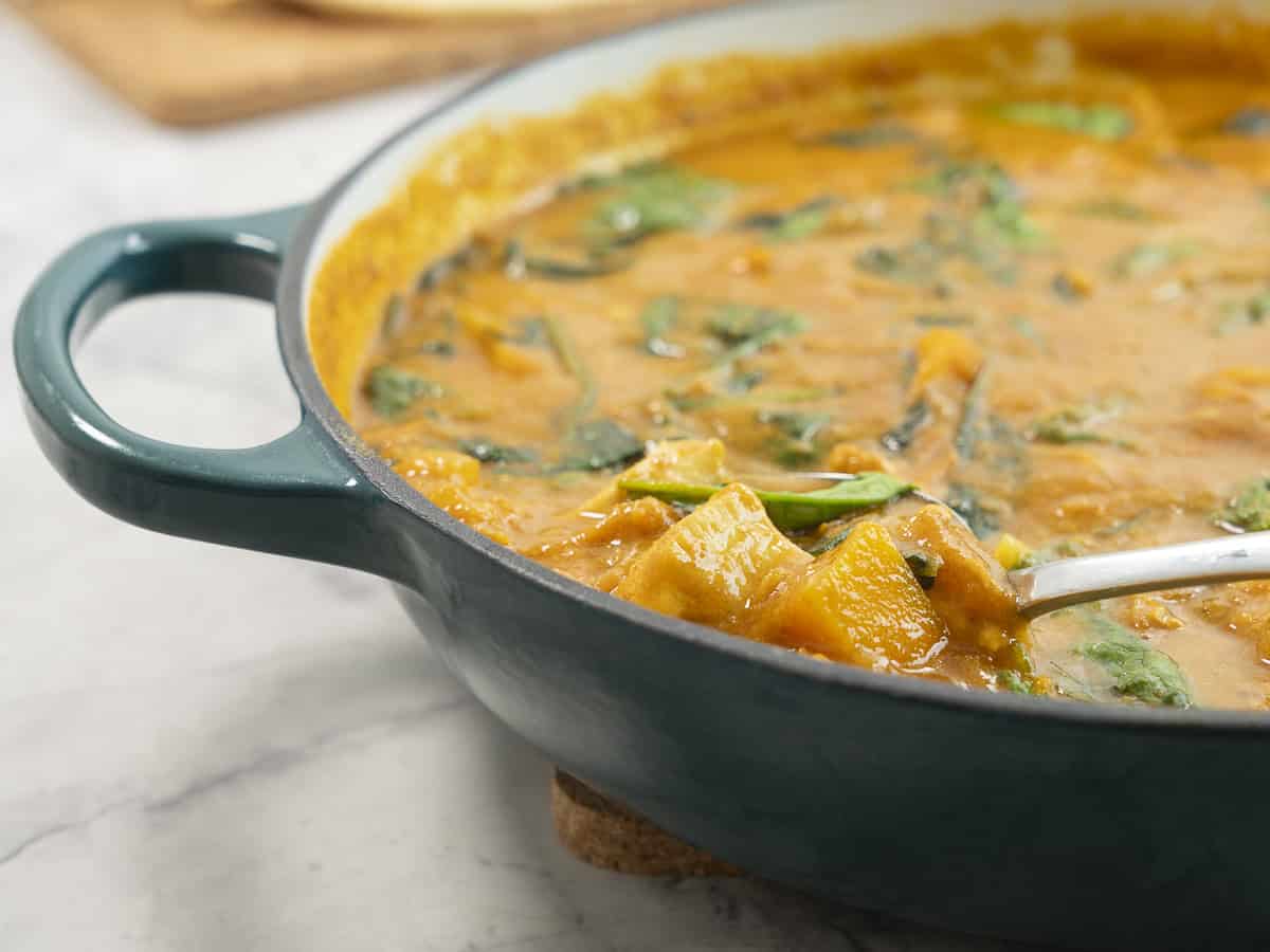 Chicken curry on benchtop with spoon inside.