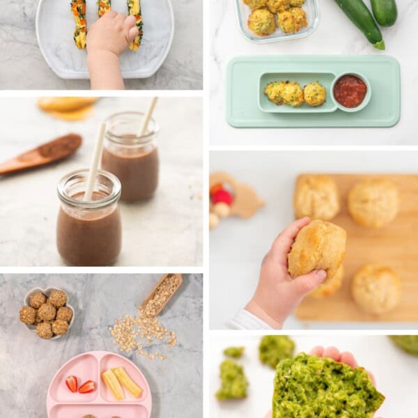 A six photo collage of snacks for toddlers, muffins, smoothies, tots being held by toddler hands.