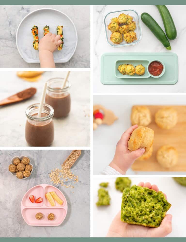 A six photo collage of snacks for toddlers, muffins, smoothies, tots being held by toddler hands.