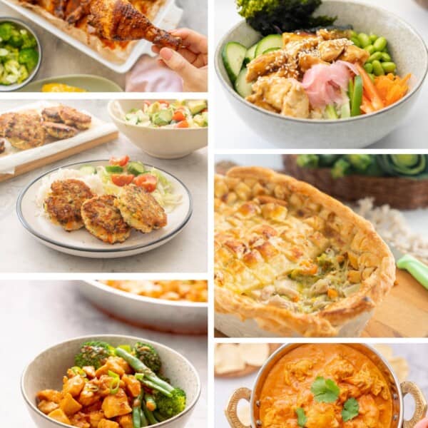 Six photo collage of family friendly chicken recipes including chicken patties chicken curry, chicken pie and rice bowls.
