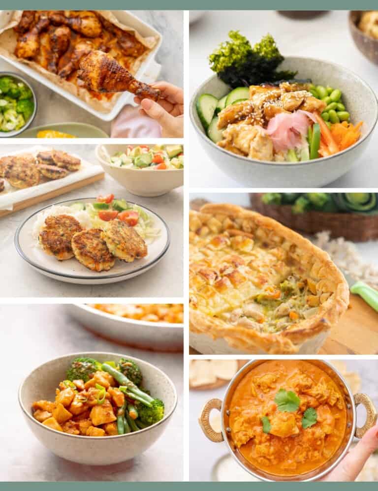 Six photo collage of family friendly chicken recipes including chicken patties chicken curry, chicken pie and rice bowls.