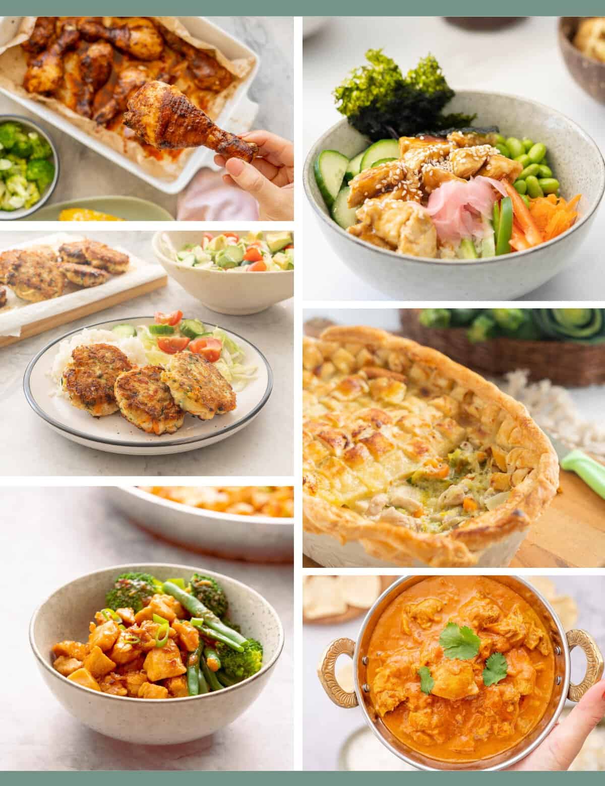 Six photo collage of family friendly chicken recipes including chicken patties chicken curry, chicken pie and rice bowls. 