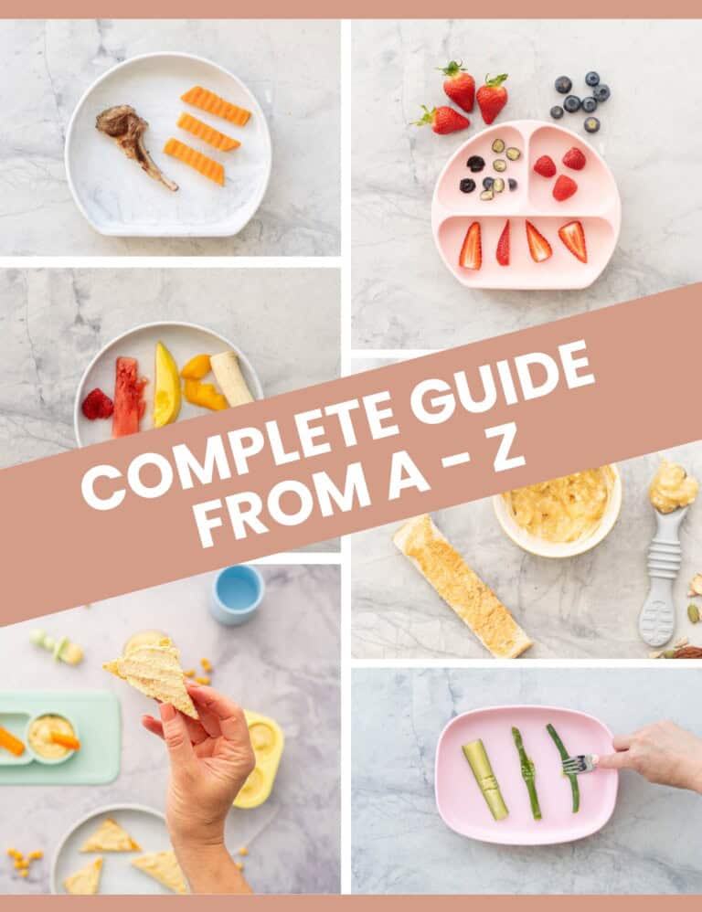 A six photo collage of baby led weaning foods with text overlay; Complete guide A-Z.
