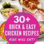 Six photo collage of family friendly chicken recipes including chicken patties chicken curry, chicken pie and rice bowls, with text overlay; 30+ Quick and Easy Chicken Recipes Kids Will Eat!