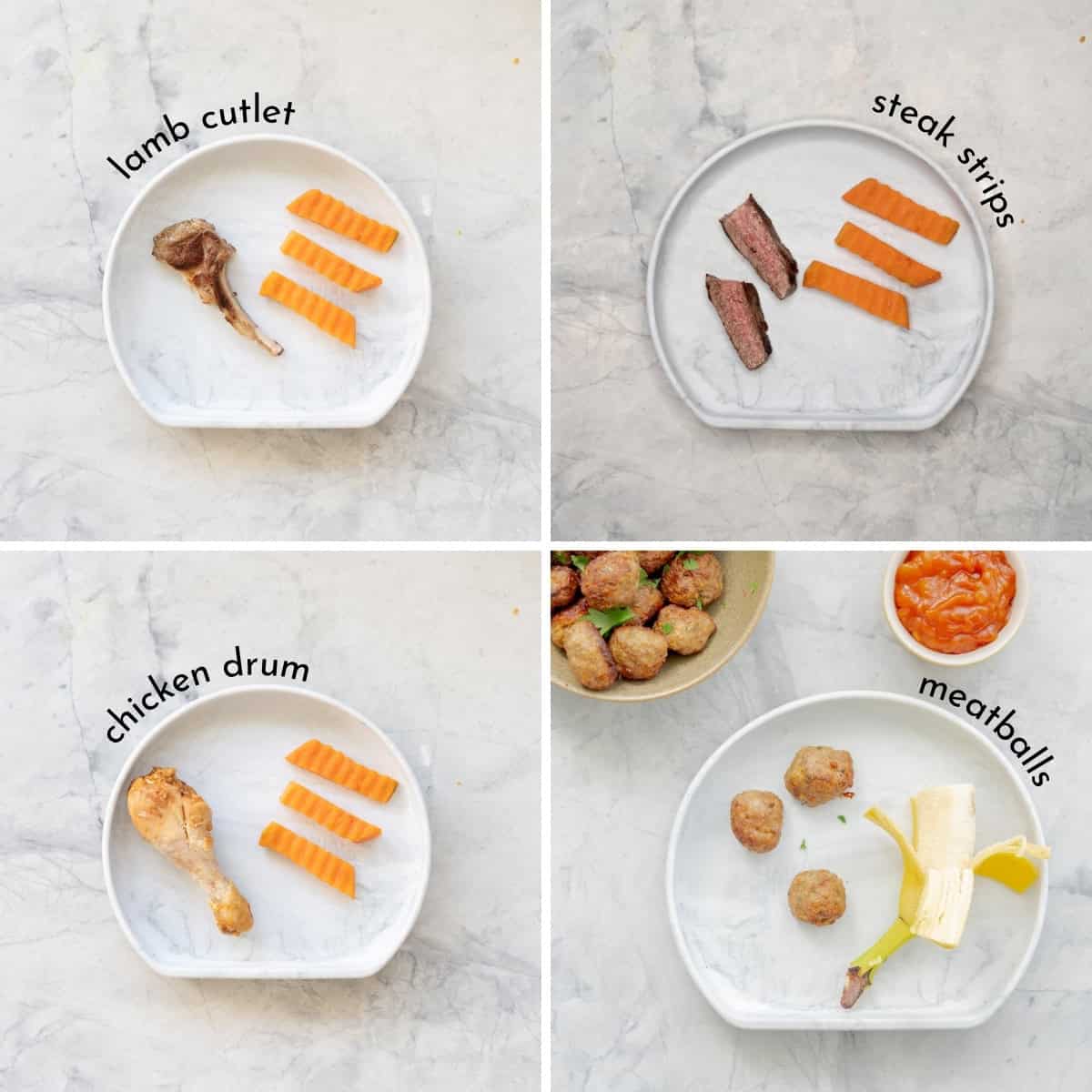 A four image collage showing lamb cutlet, steak, chicken drum stick and meatballs served for baby led weaning. 