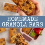 Close ups of a choc chip studded granola bra with text overlay; 'kid approved, homemade granola bars.'