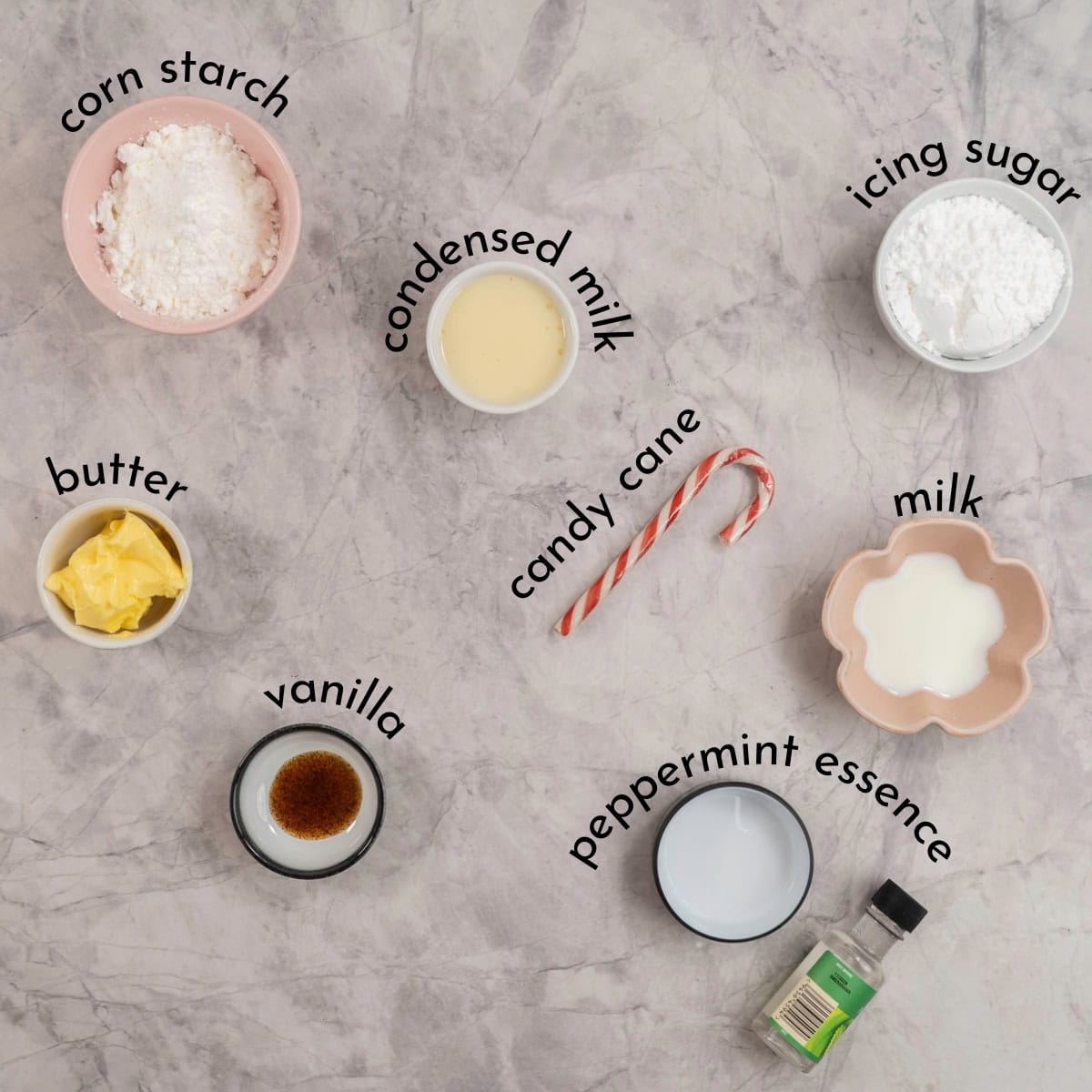 Ingredients for mint melt aways on benchtop with text overlay.