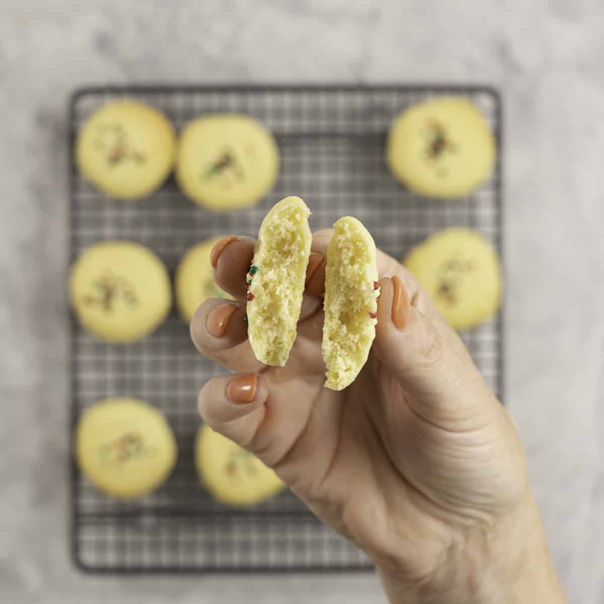 A cookie snapped in half showing its internal terxture. 