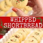 Two close up images of shortbread decorated for Christmas with text overlay; 'Whipped Shortbread, Eas y Christmas Baking'.